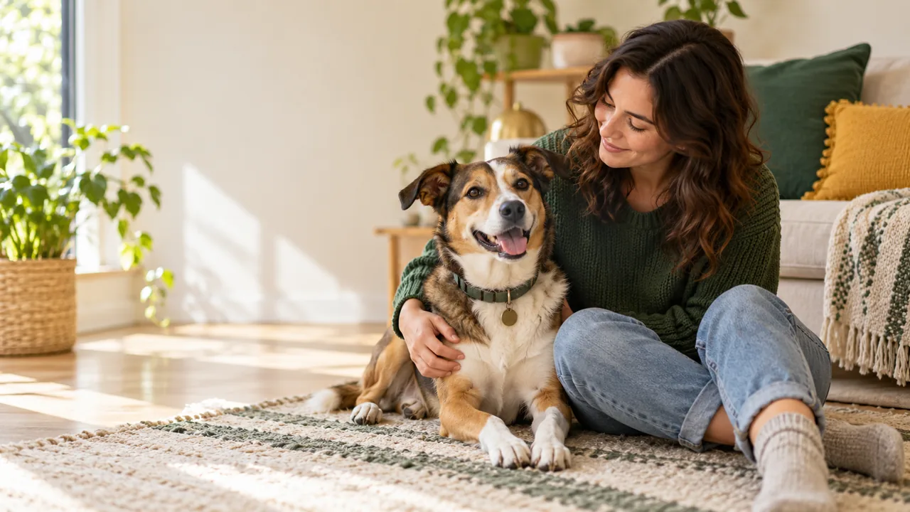 Calm mixed-breed dog relaxing beside its person at home