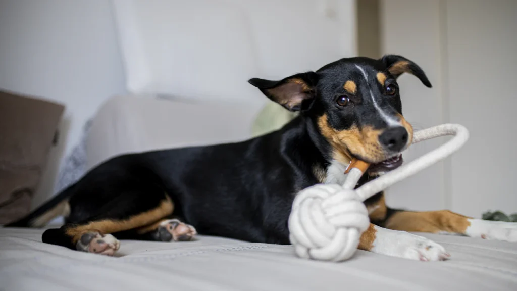 Young puppy playing with a chew toy during positive, reward-based training