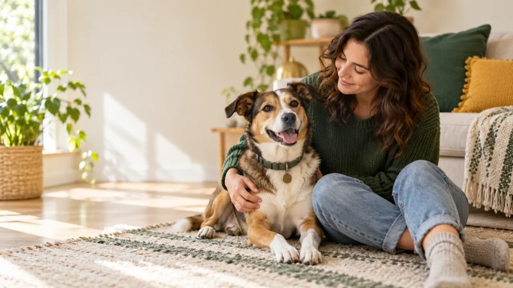 Relaxed mixed-breed dog sitting beside a person at home