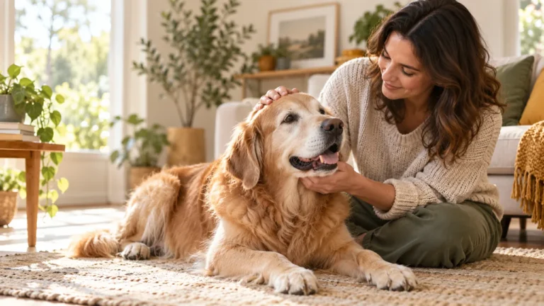 Senior golden retriever relaxing with its owner before a wellness visit