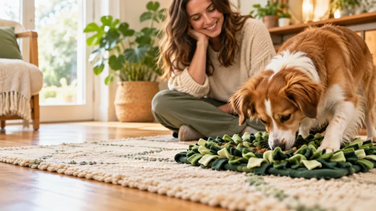 Dog using a green snuffle mat with its person nearby at home