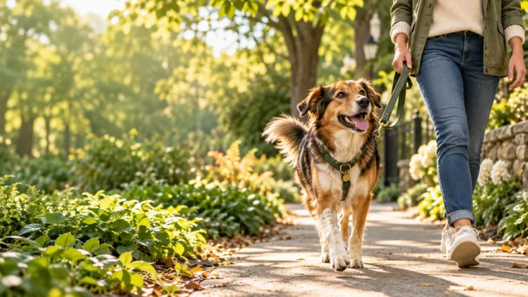 Dog enjoying a calm neighborhood outing with its person