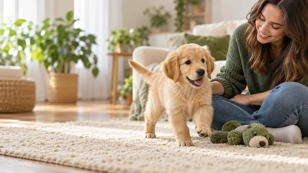 Golden retriever puppy exploring a calm living room beside its owner