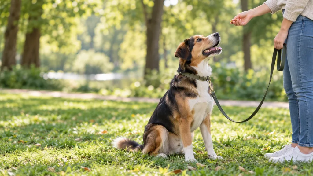 Dog focusing on a small reward during a relaxed training session in a green park